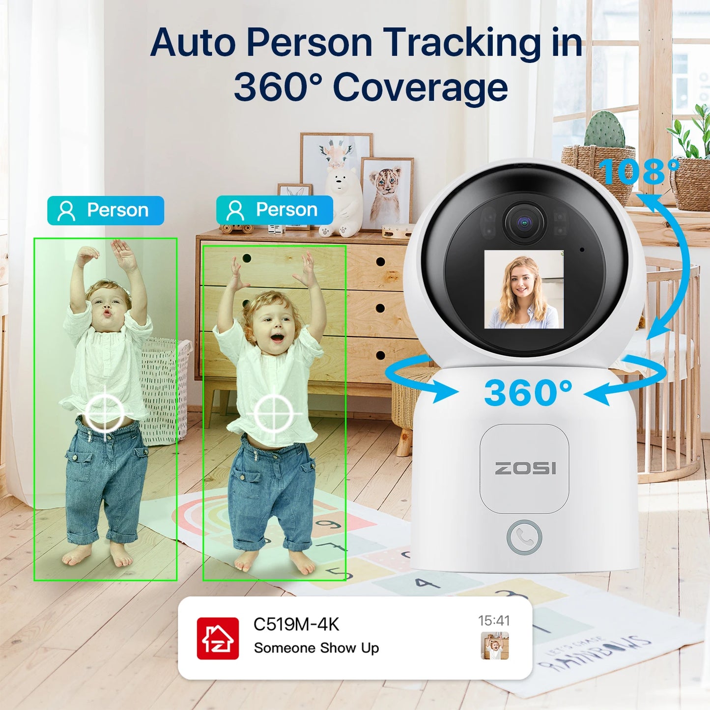 ZOSI C519M 4MP/5MP/4K Security Camera Indoor 2.4/5GHz WiFi Surveillance Camera 2-Way Video Baby/Pet Monitor 360° View Home Cam