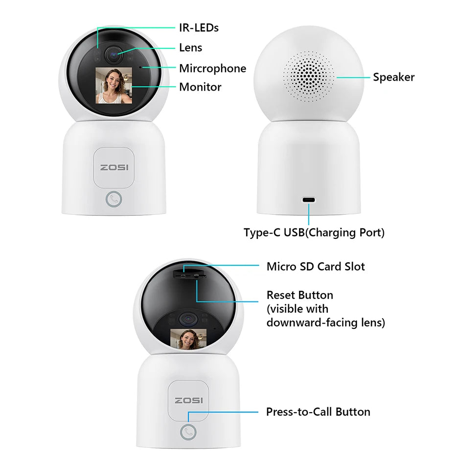 ZOSI C519M 4MP/5MP/4K Security Camera Indoor 2.4/5GHz WiFi Surveillance Camera 2-Way Video Baby/Pet Monitor 360° View Home Cam