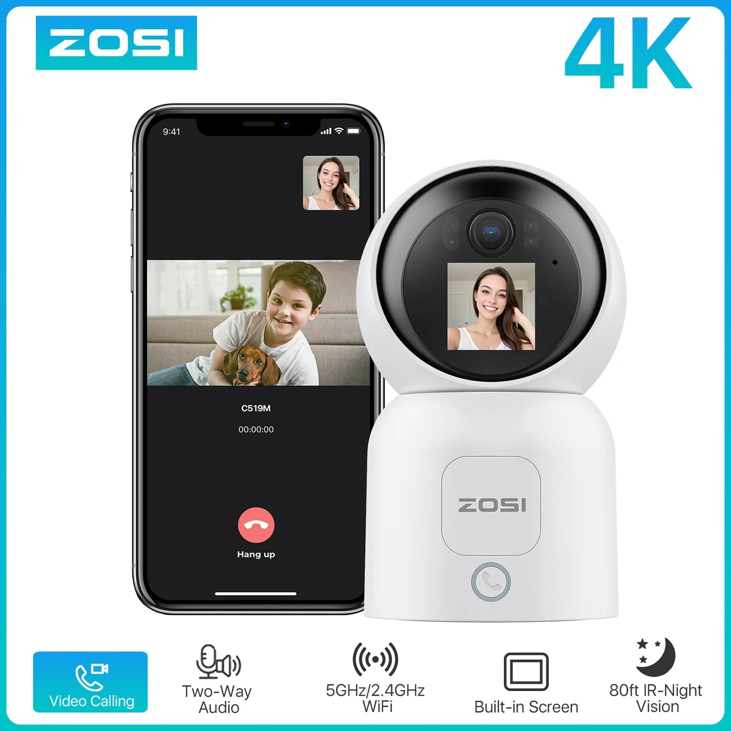ZOSI C519M 4MP/5MP/4K Security Camera Indoor 2.4/5GHz WiFi Surveillance Camera 2-Way Video Baby/Pet Monitor 360° View Home Cam