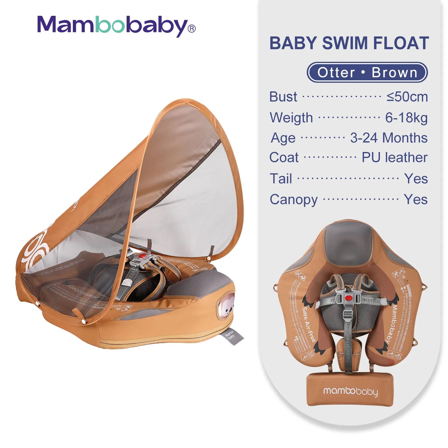 Mambobaby Baby Float with Sunshade Canopy and Crotch Strap Inflatable-free Safe Core Swimming Pool Accessory Bathroom Water Toy